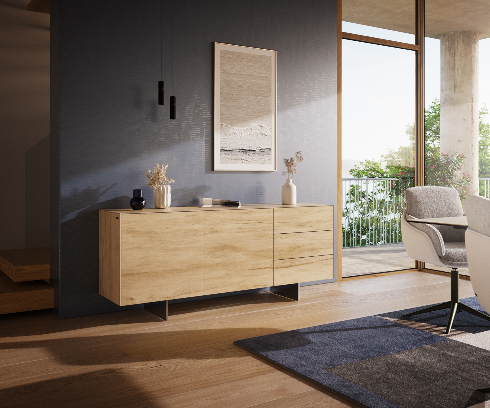 Komód Cuor 180 cm kerámia Laminam® Sabbia tölgyszínű 2 ajtós 3 fiókos láb lebegő rozsdamentes acél