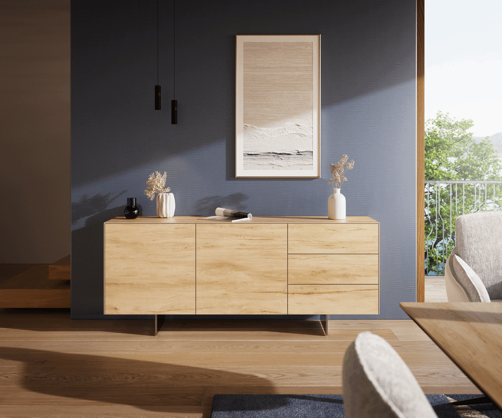 Komód Cuor 180 cm kerámia Laminam® Sabbia tölgyszínű 2 ajtós 3 fiókos láb lebegő rozsdamentes acél - Image 2