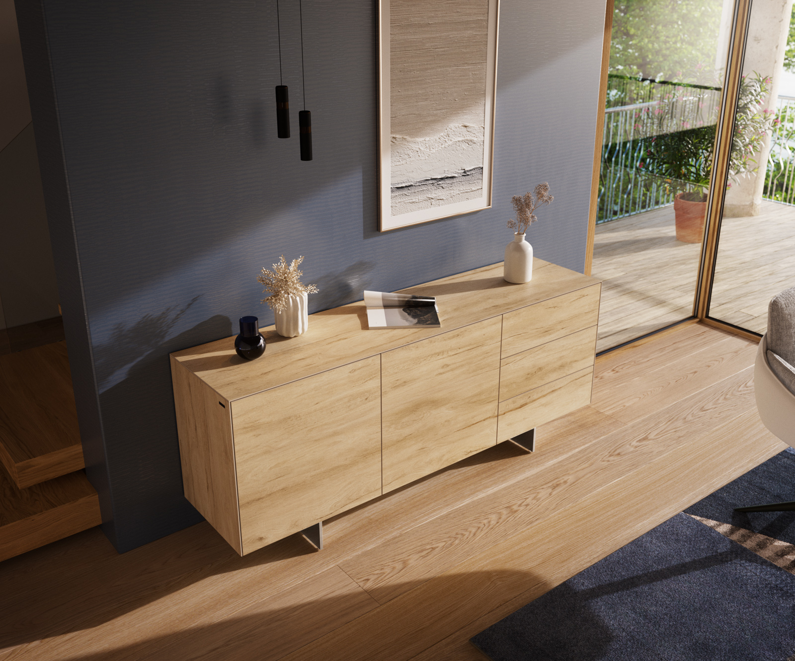 Komód Cuor 180 cm kerámia Laminam® Sabbia tölgyszínű 2 ajtós 3 fiókos láb lebegő rozsdamentes acél - Image 4