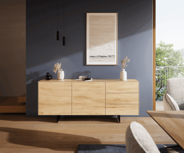 Komód Cuor 180 cm kerámia Laminam® Sabbia tölgyszínű 2 ajtós 3 fiókos lebegő fém láb fekete - Image 2