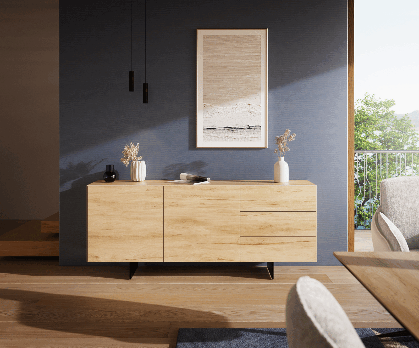 Komód Cuor 180 cm kerámia Laminam® Sabbia tölgyszínű 2 ajtós 3 fiókos lebegő fém láb fekete - Image 2