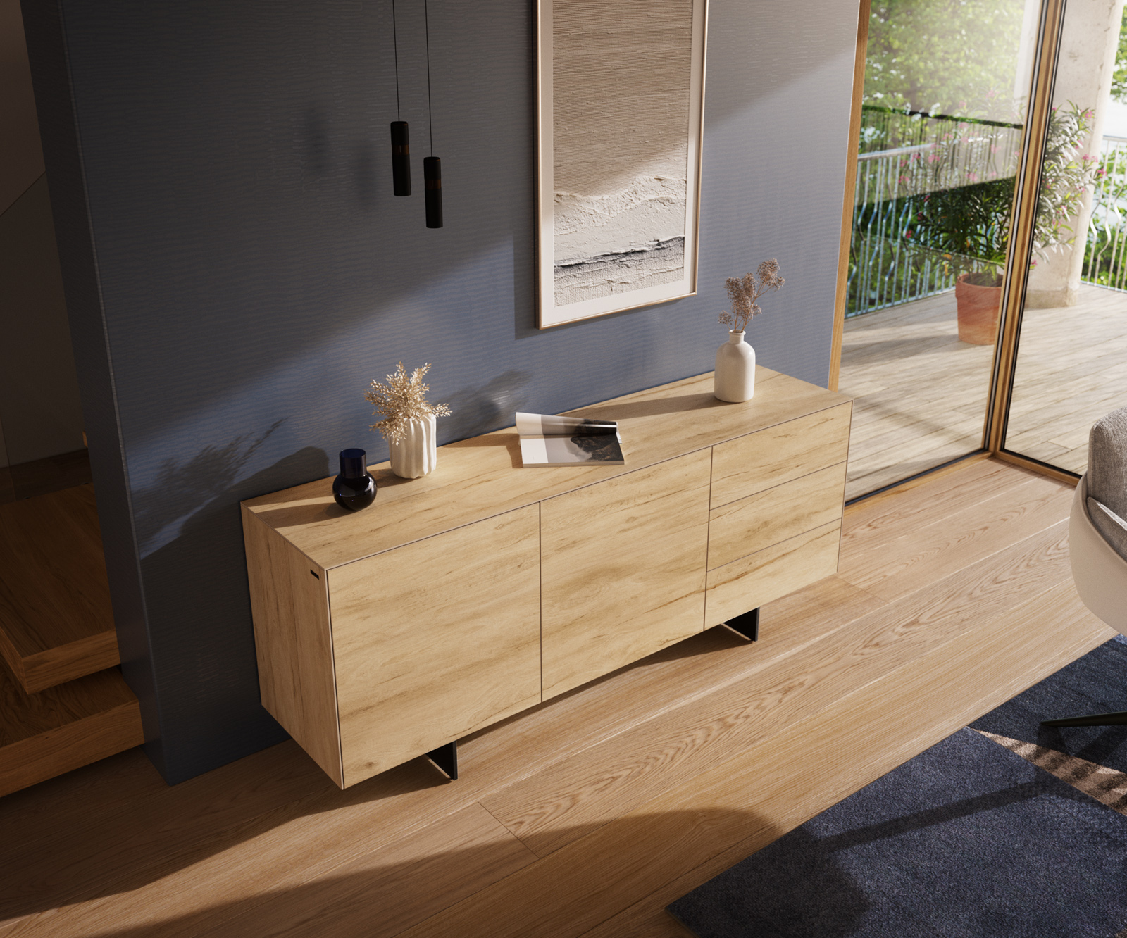 Komód Cuor 180 cm kerámia Laminam® Sabbia tölgyszínű 2 ajtós 3 fiókos lebegő fém láb fekete - Image 4