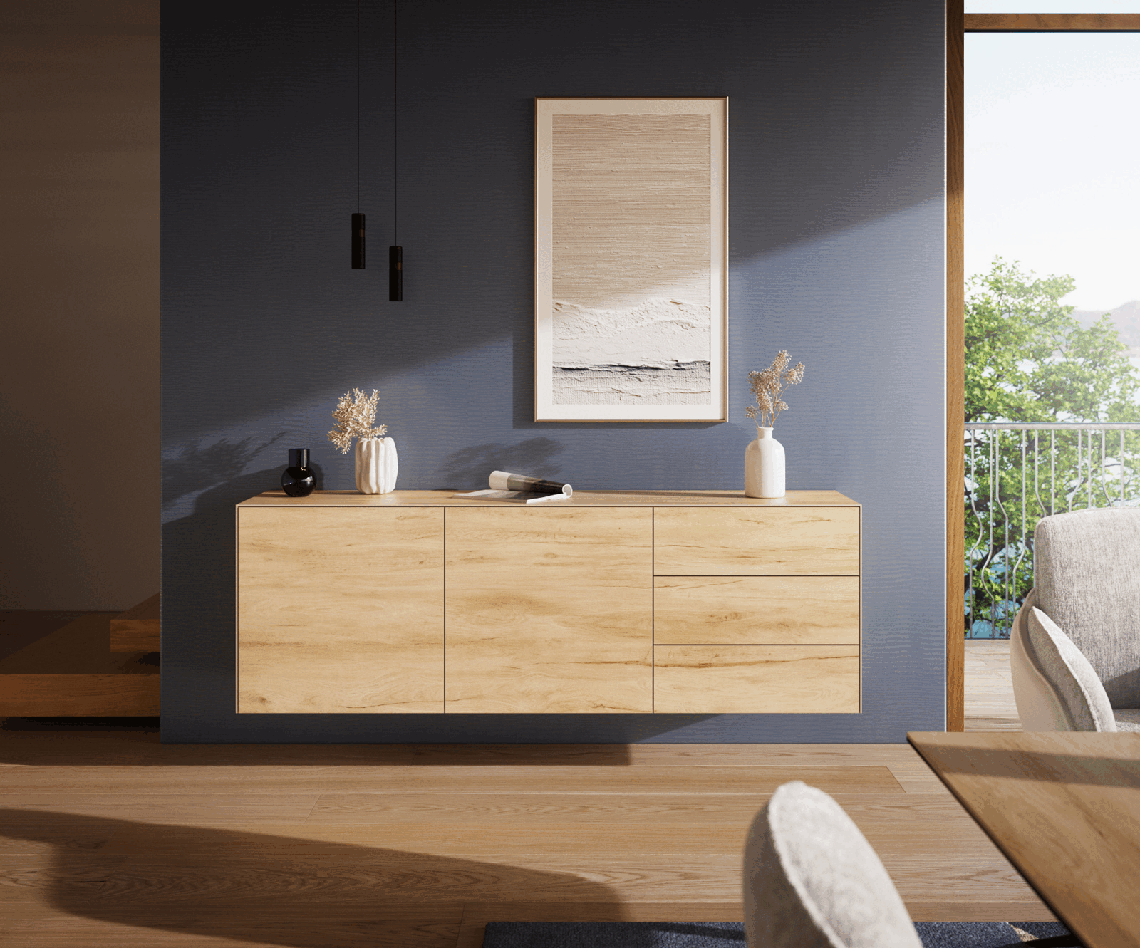 Komód Cuor 180 cm Laminam® Sabbia kerámia tölgyszínű 2 ajtós 3 fiókos lebegő - Image 2