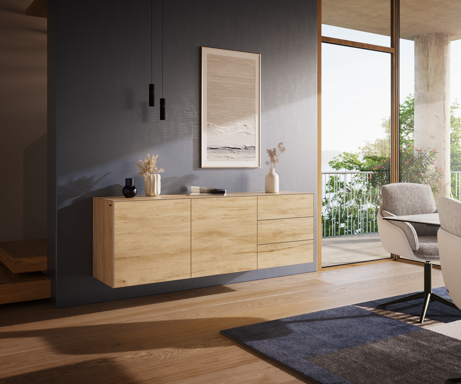 Komód Cuor 180 cm Laminam® Sabbia kerámia tölgyszínű 2 ajtós 3 fiókos lebegő