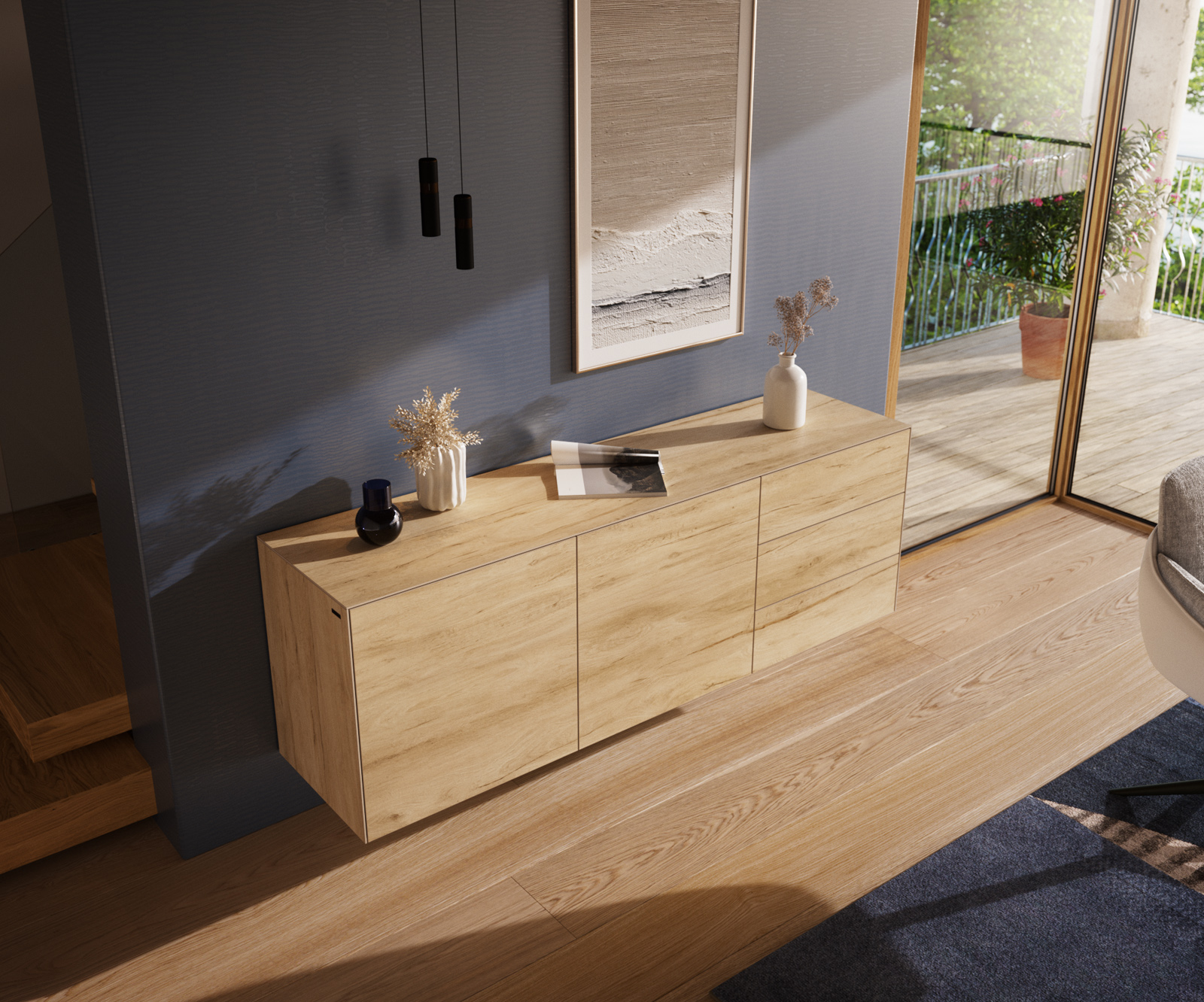 Komód Cuor 180 cm Laminam® Sabbia kerámia tölgyszínű 2 ajtós 3 fiókos lebegő - Image 4