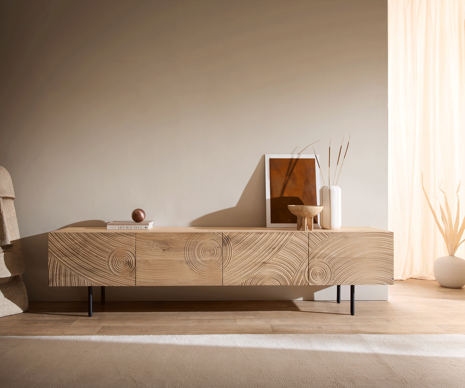 TV szekrény Ashara 220 cm tölgy természetes 3D hatás 4 ajtós kerek fém láb fekete - Image 5