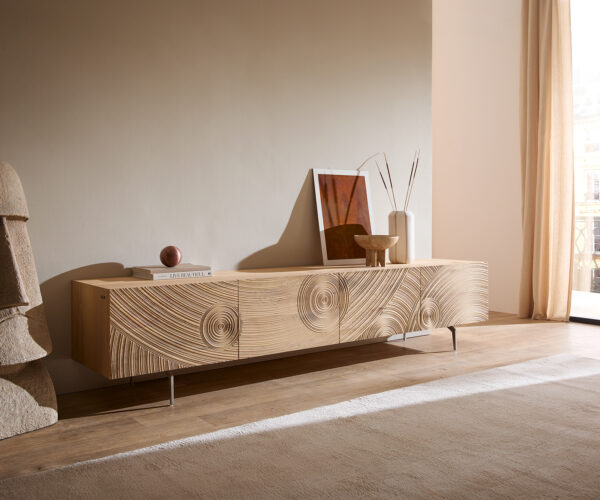 TV szekrény Ashara 220 cm tölgy természetes 3D hatás 4 ajtós szögletes láb szálcsiszolt rozsdamentes acél