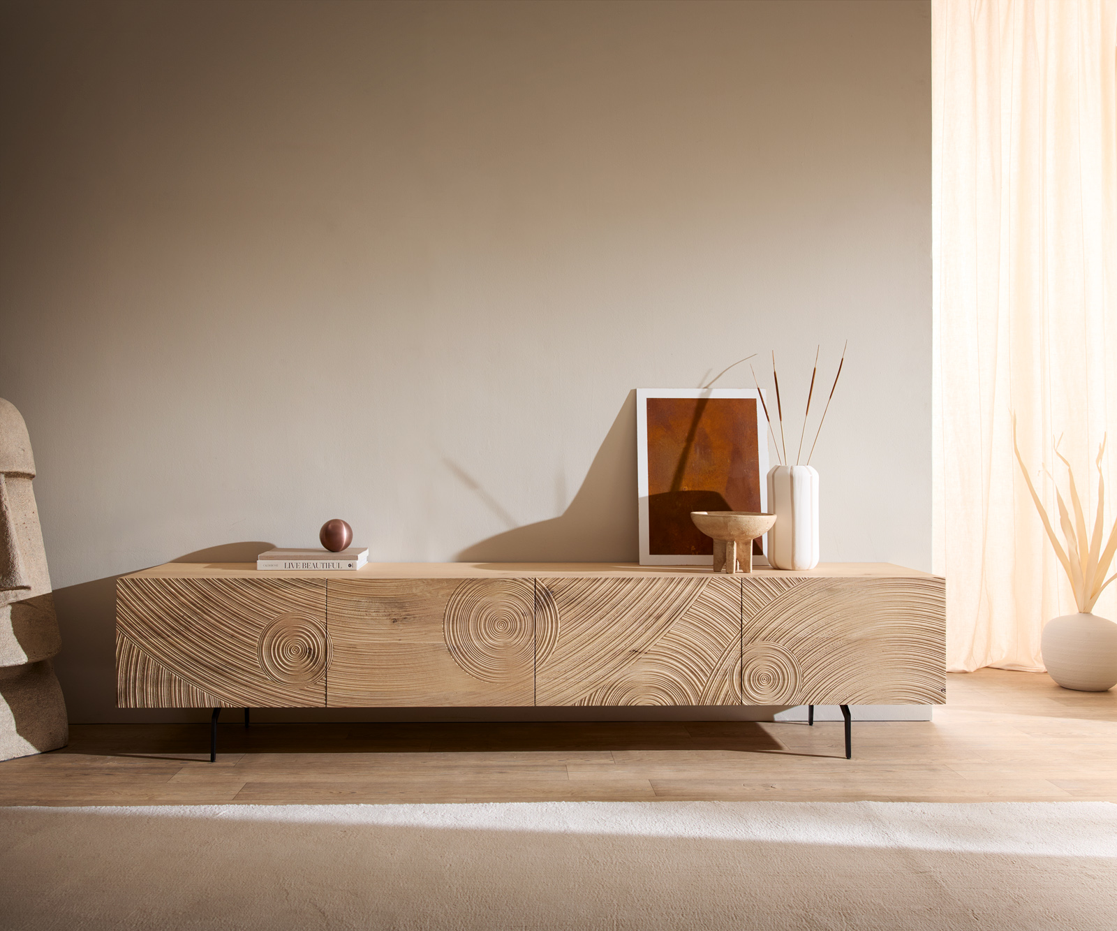 TV szekrény Ashara 220 cm tölgy természetes 3D hatás 4 ajtós "L" alakú fém láb fekete - Image 2