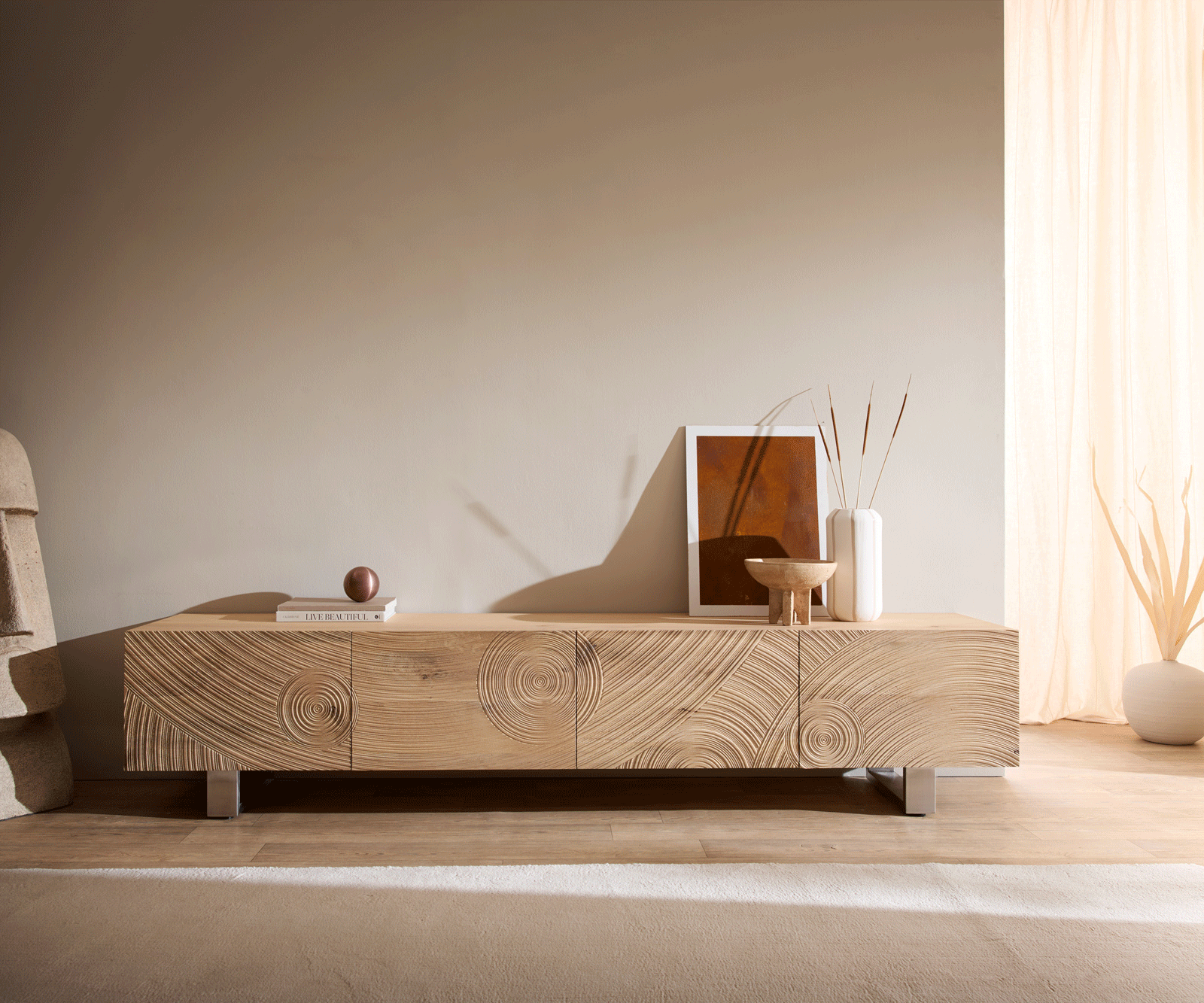 TV szekrény Ashara 220 cm tölgy természetes 3D hatás 4 ajtós vékony láb rozsdamentes acél szálcsiszolt - Image 5