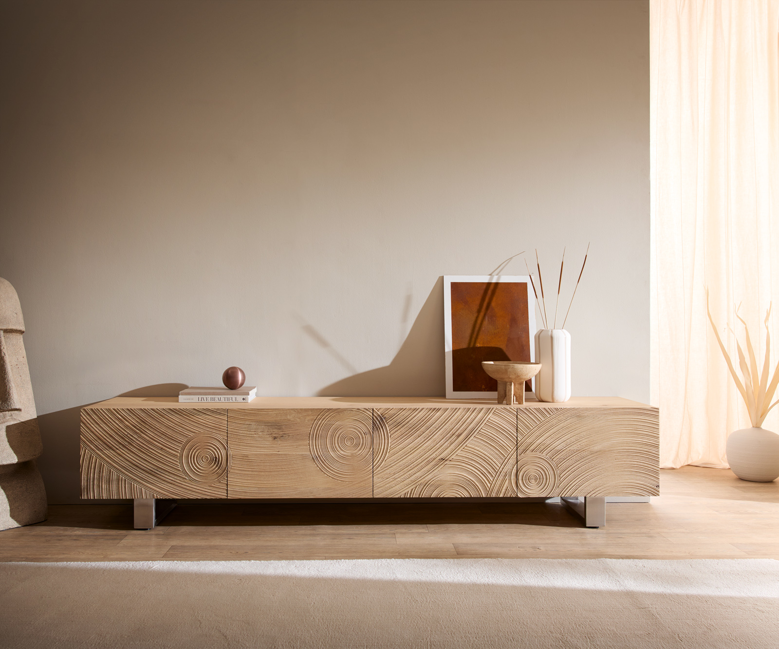 TV szekrény Ashara 220 cm tölgy természetes 3D hatás 4 ajtós vékony láb rozsdamentes acél szálcsiszolt - Image 2