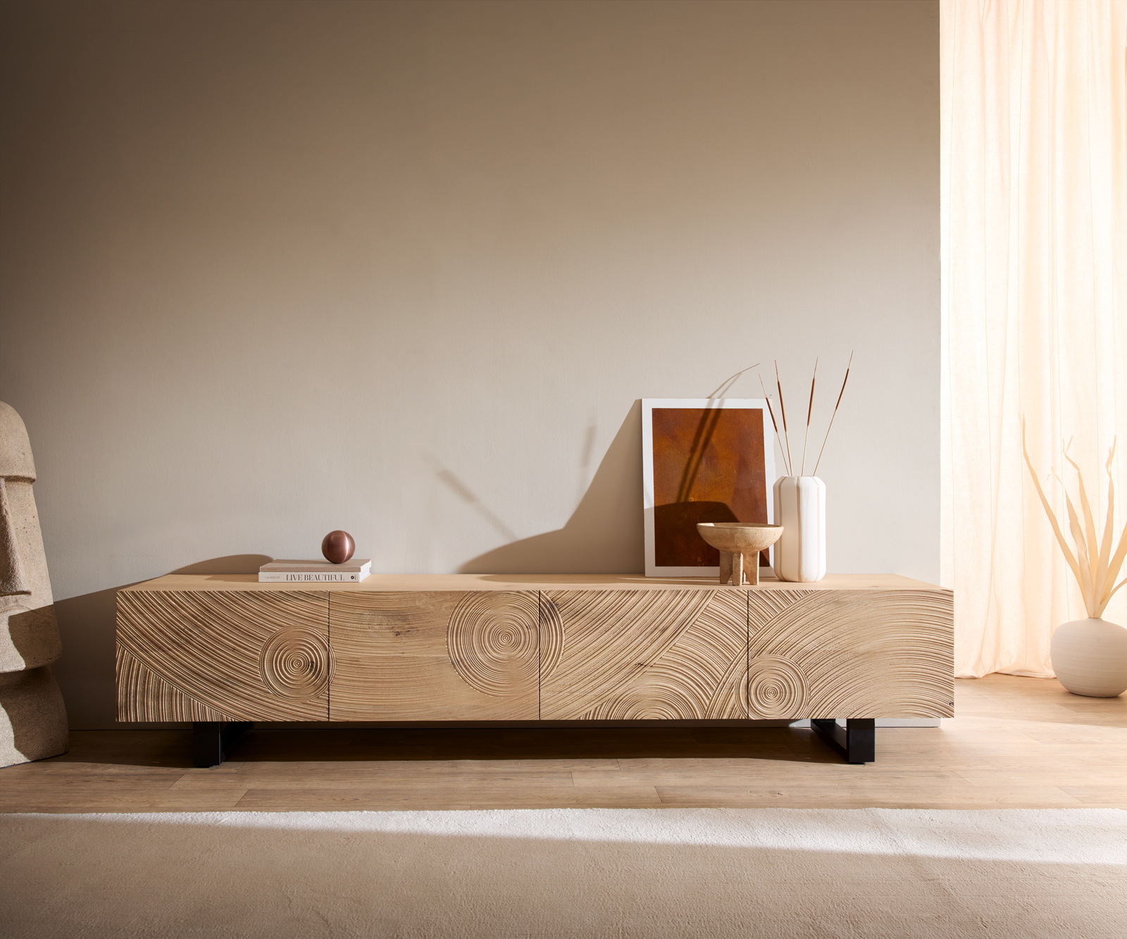 TV szekrény Ashara 220 cm tölgy természetes 3D hatás 4 ajtós vékony fém láb fekete - Image 2