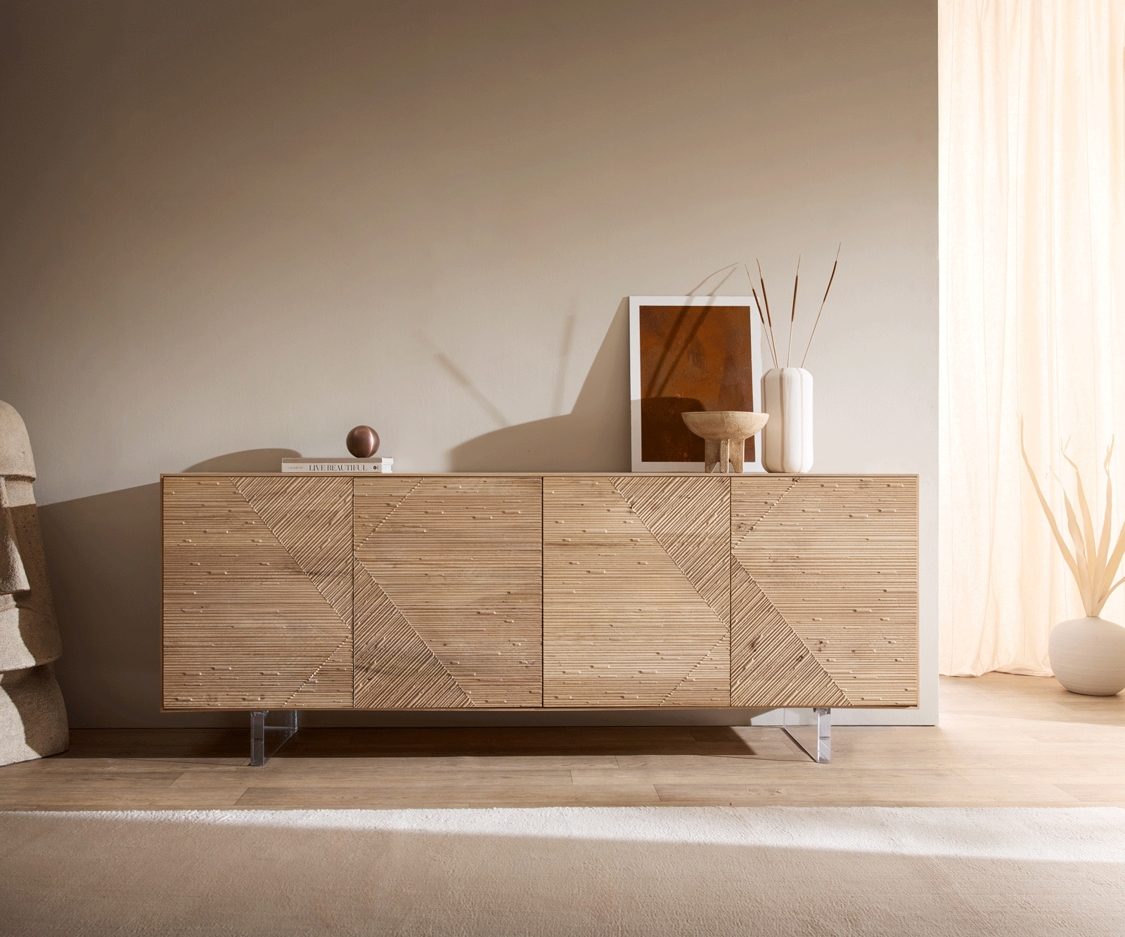 Komód Tereos 200 cm tölgy természetes 3D hatás 4 ajtós lebegő láb akrilüveg - Image 5