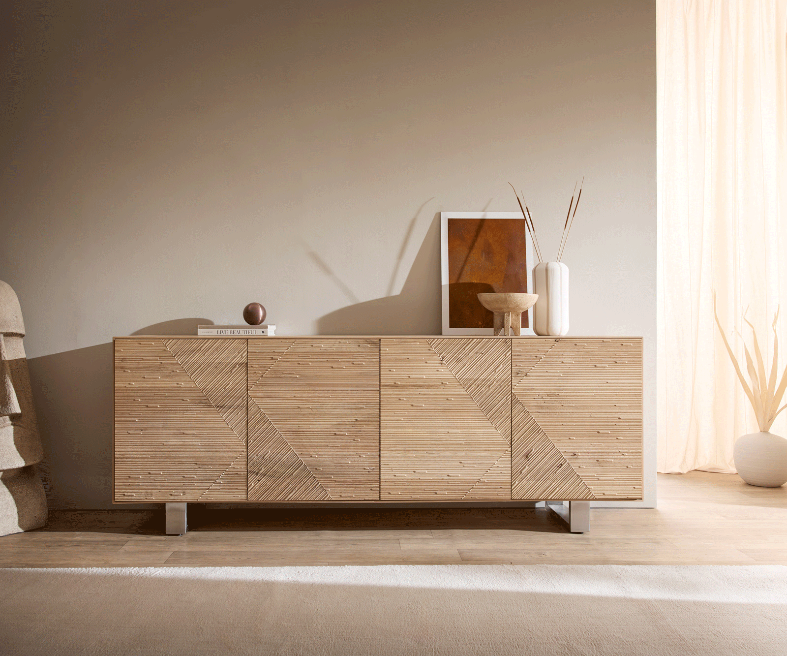 Komód Tereos 200 cm tölgy természetes 3D hatás 4 ajtós vékony láb rozsdamentes acél szálcsiszolt - Image 5