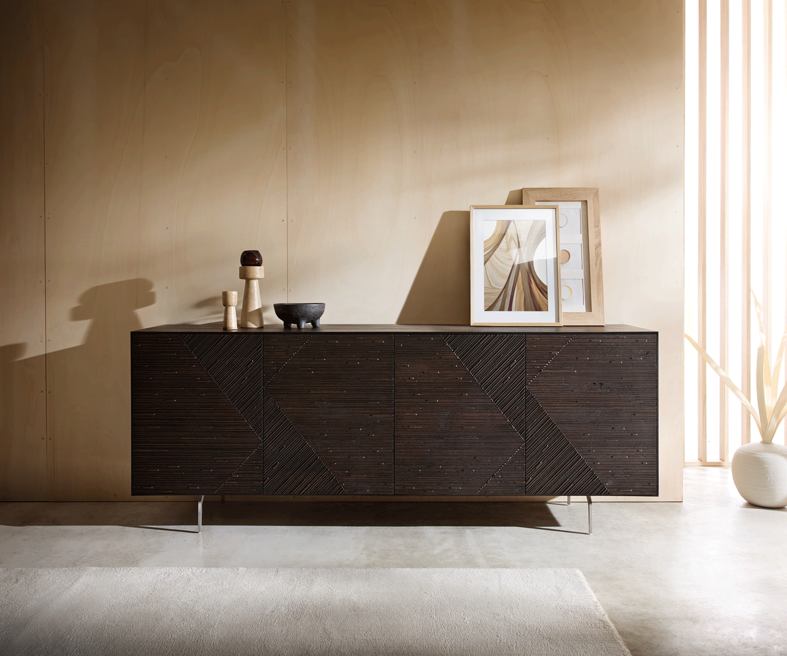 Komód Tereos 200 cm sötétbarna éger 3D hatás 4 ajtós "L" alakú láb szálcsiszolt rozsdamentes acél - Image 5