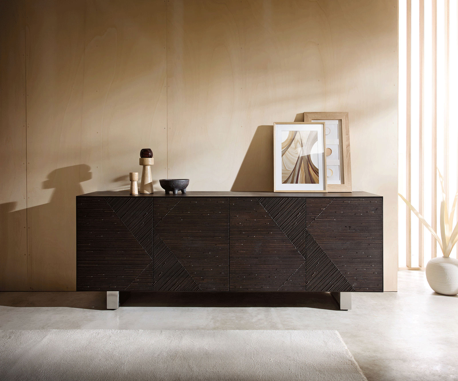 Komód Tereos 200 cm sötétbarna kőris 3D hatás 4 ajtós vékony láb rozsdamentes acél szálcsiszolt - Image 5