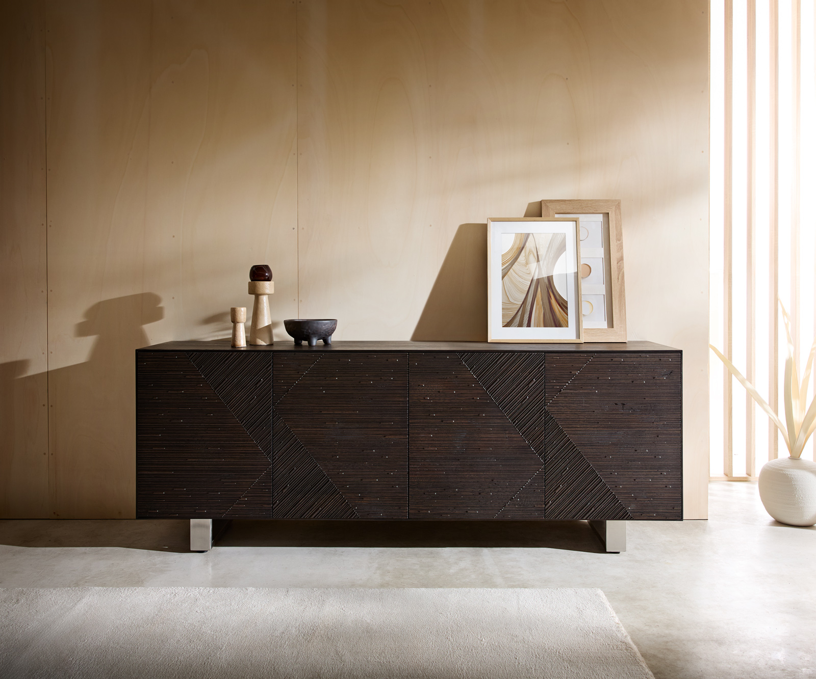 Komód Tereos 200 cm sötétbarna kőris 3D hatás 4 ajtós vékony láb rozsdamentes acél szálcsiszolt - Image 2