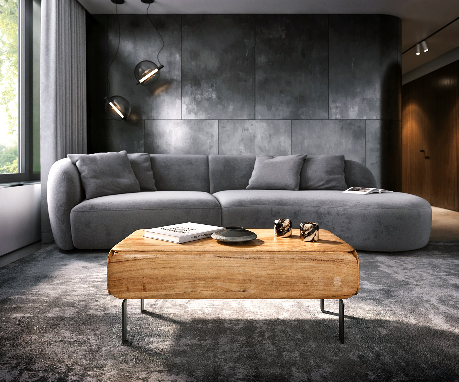 Dohányzóasztal Shavani 100x50 cm akác természetes 2 fiókos "L" alakú fém fekete lábbal - Image 2