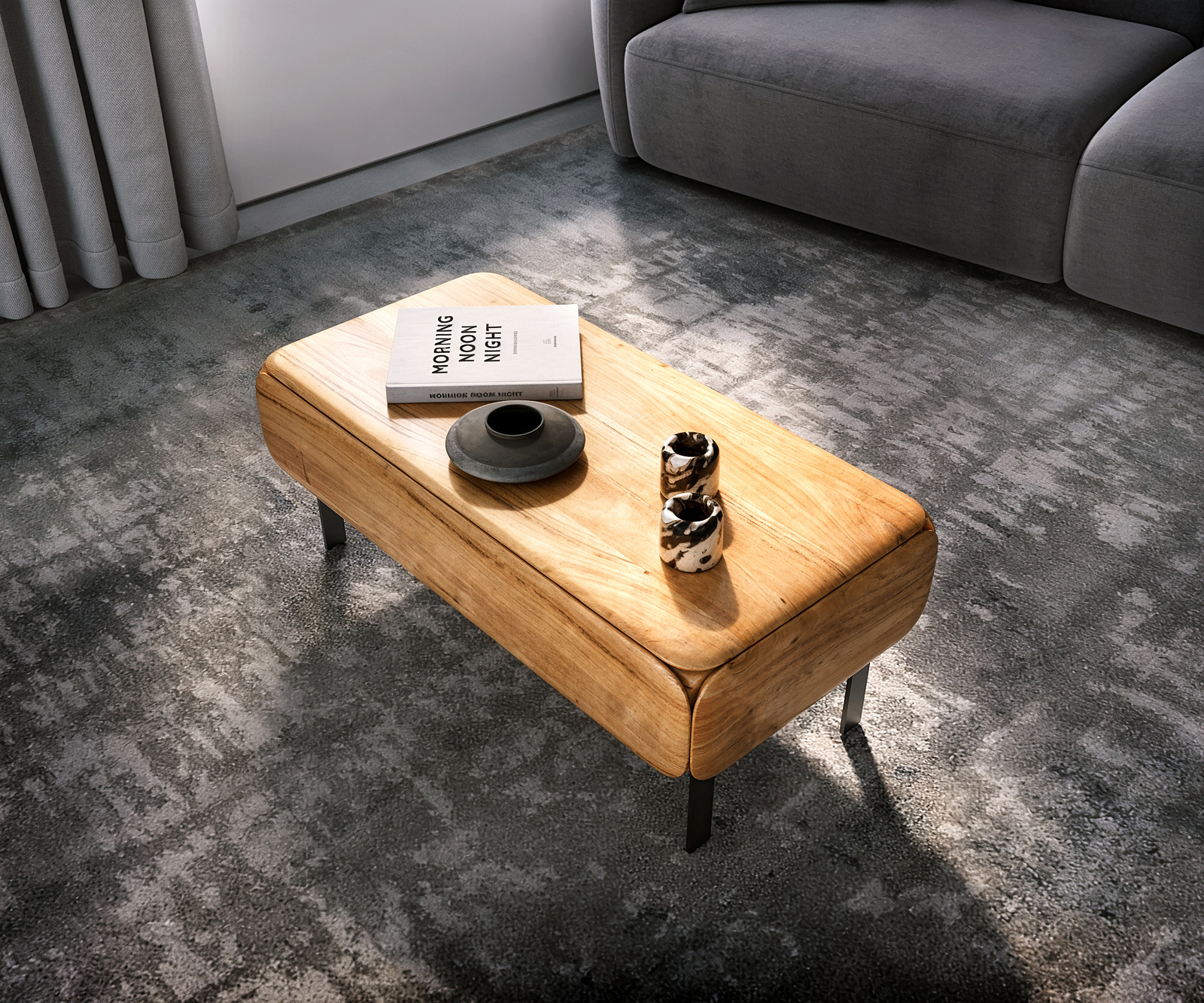 Dohányzóasztal Shavani 100x50 cm akác természetes 2 fiókos "L" alakú fém fekete lábbal - Image 5