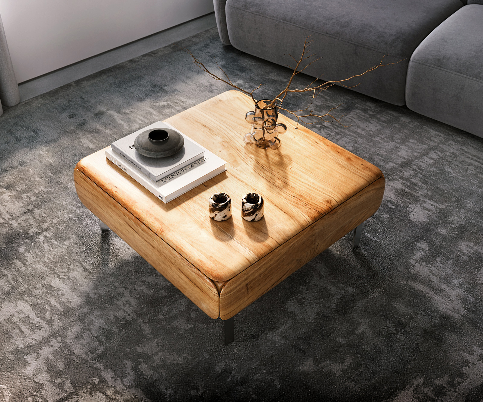 Dohányzóasztal Shavani 90x90 cm akác természetes 2 ajtós "L" alakú láb rozsdamentes acél ezüst - Image 5