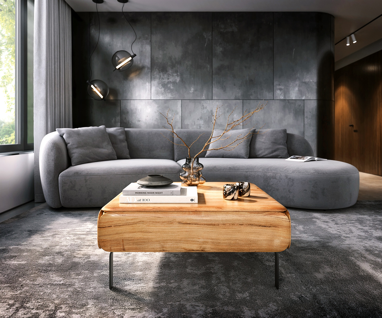 Dohányzóasztal Shavani 90x90 cm akác természetes 2 ajtós "L" alakú fém fekete láb - Image 2