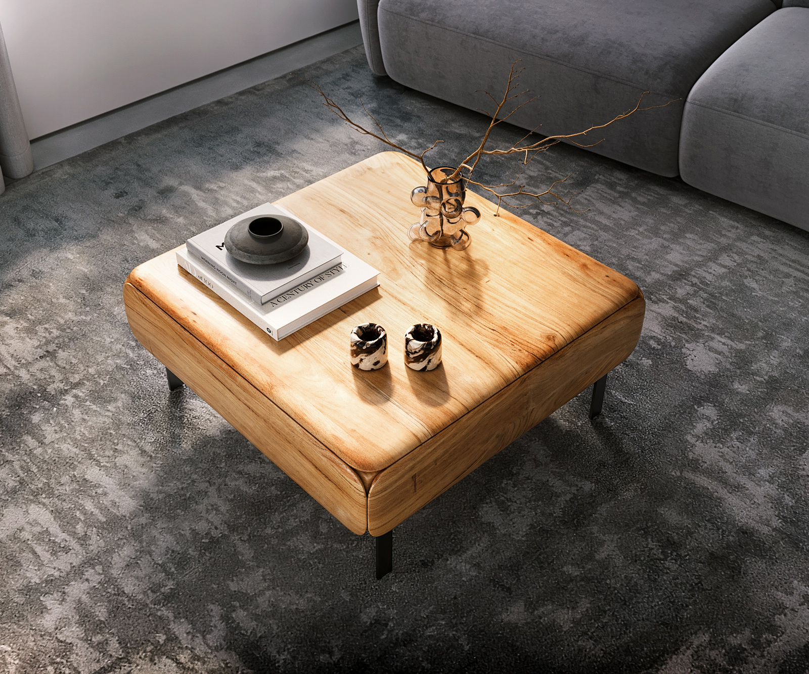 Dohányzóasztal Shavani 90x90 cm akác természetes 2 ajtós "L" alakú fém fekete láb - Image 5