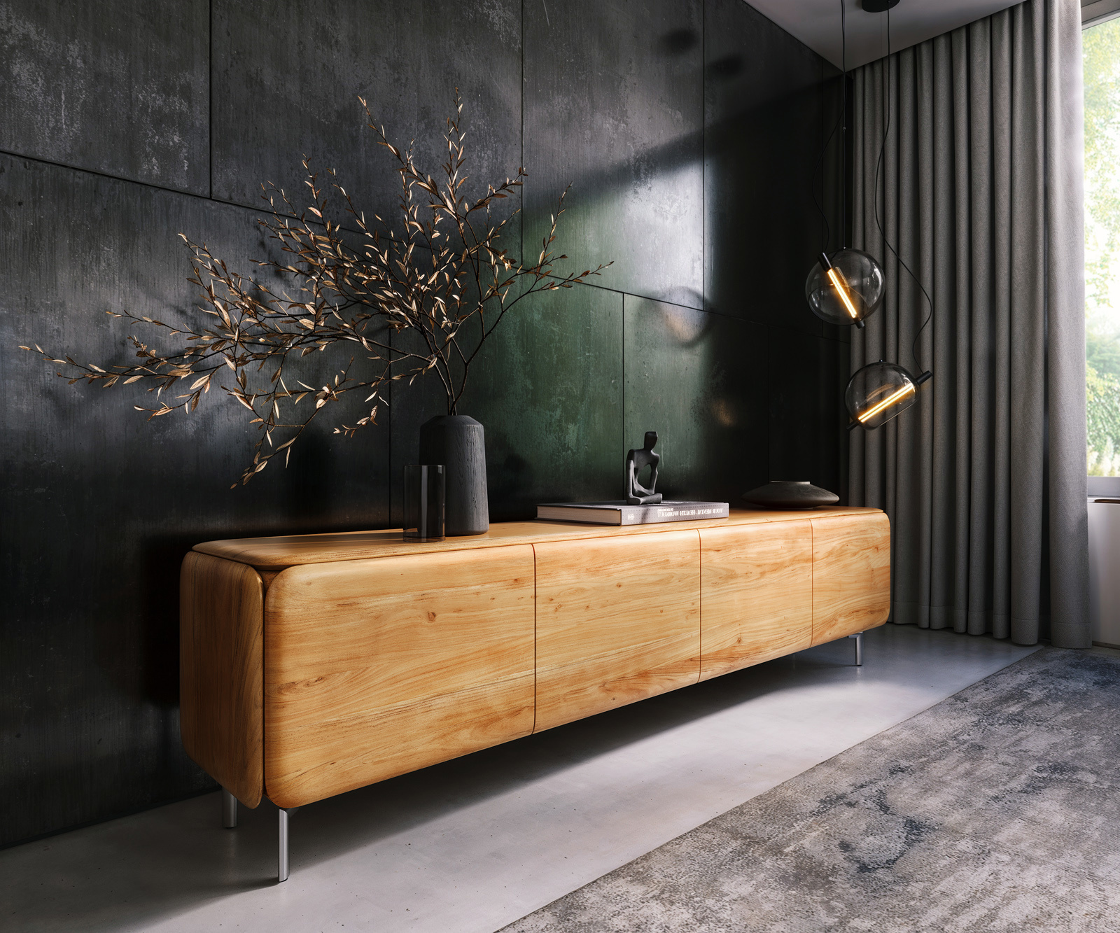 TV szekrény Shavani 220 cm akác természetes 4 ajtós ovális rozsdamentes acél láb