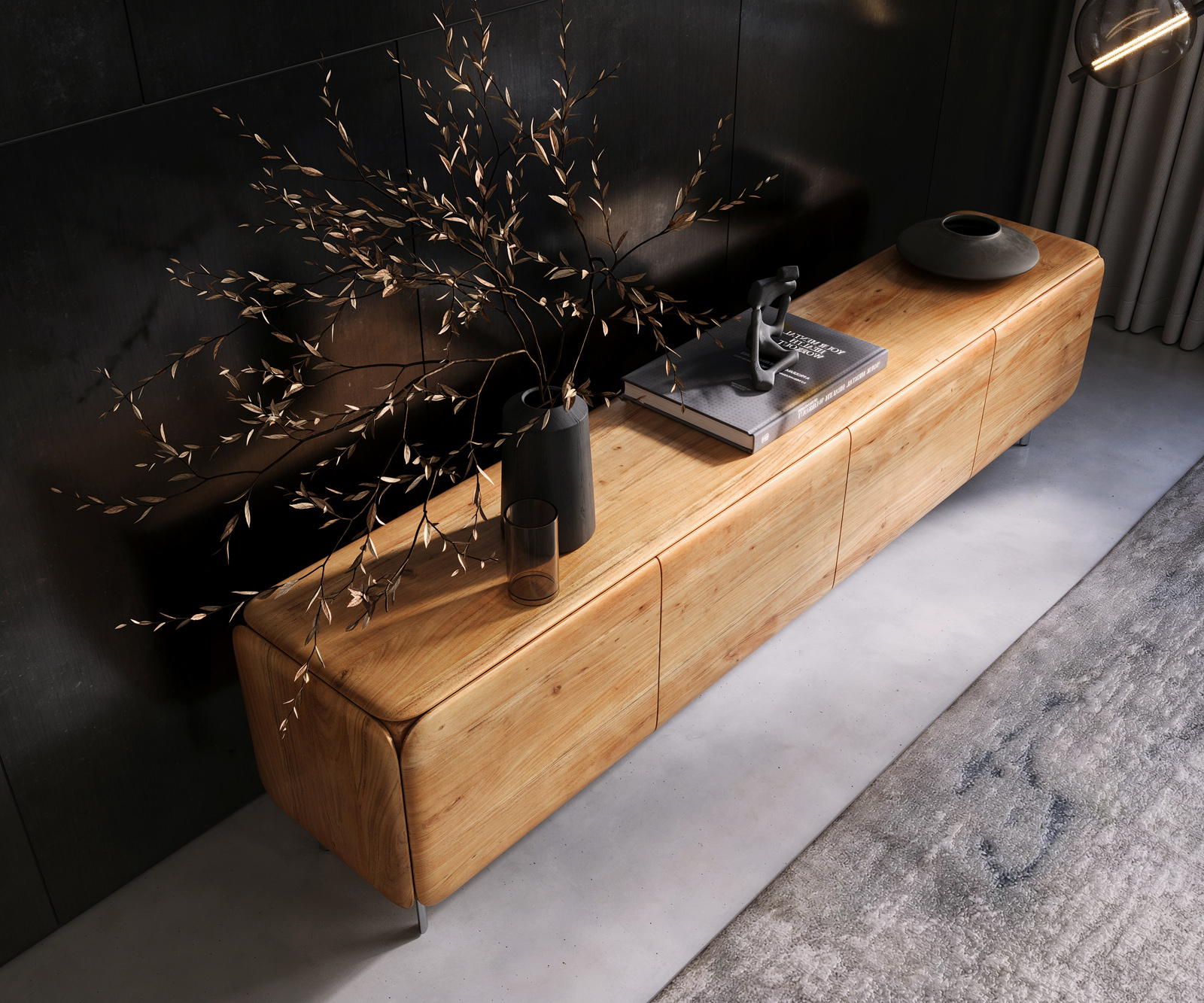 TV szekrény Shavani 220 cm akác természetes 4 ajtós ovális rozsdamentes acél láb - Image 4