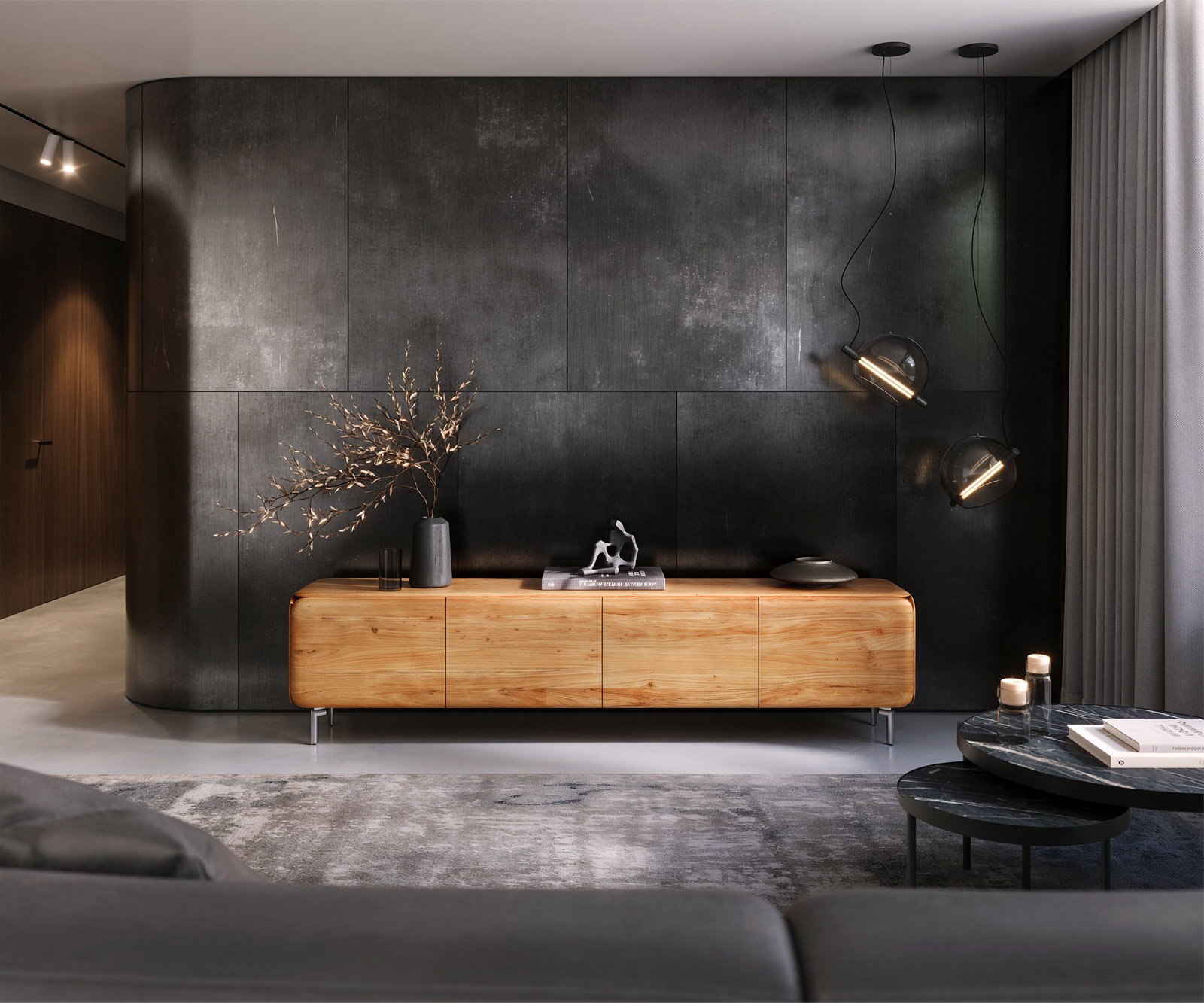 TV szekrény Shavani 220 cm akác természetes 4 ajtós ovális rozsdamentes acél láb - Image 2