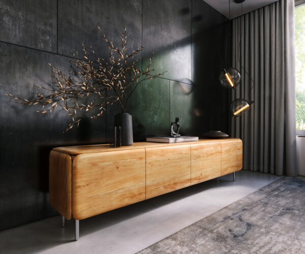 TV szekrény Shavani 220 cm akác természetes 4 ajtós kerek láb rozsdamentes acél ezüst