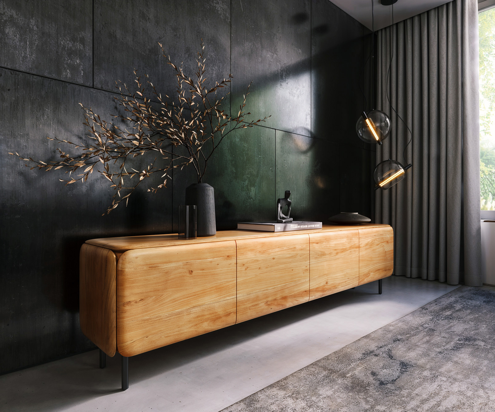 TV szekrény Shavani 220 cm akác természetes 4 ajtós kerek fém láb fekete