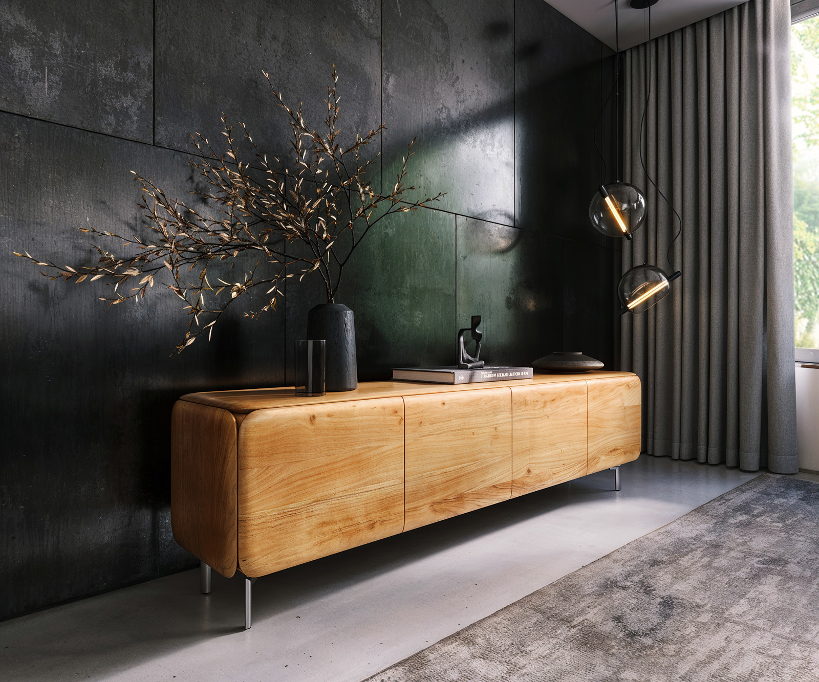 TV szekrény Shavani 200 cm akác természetes 4 ajtós ovális rozsdamentes acél láb