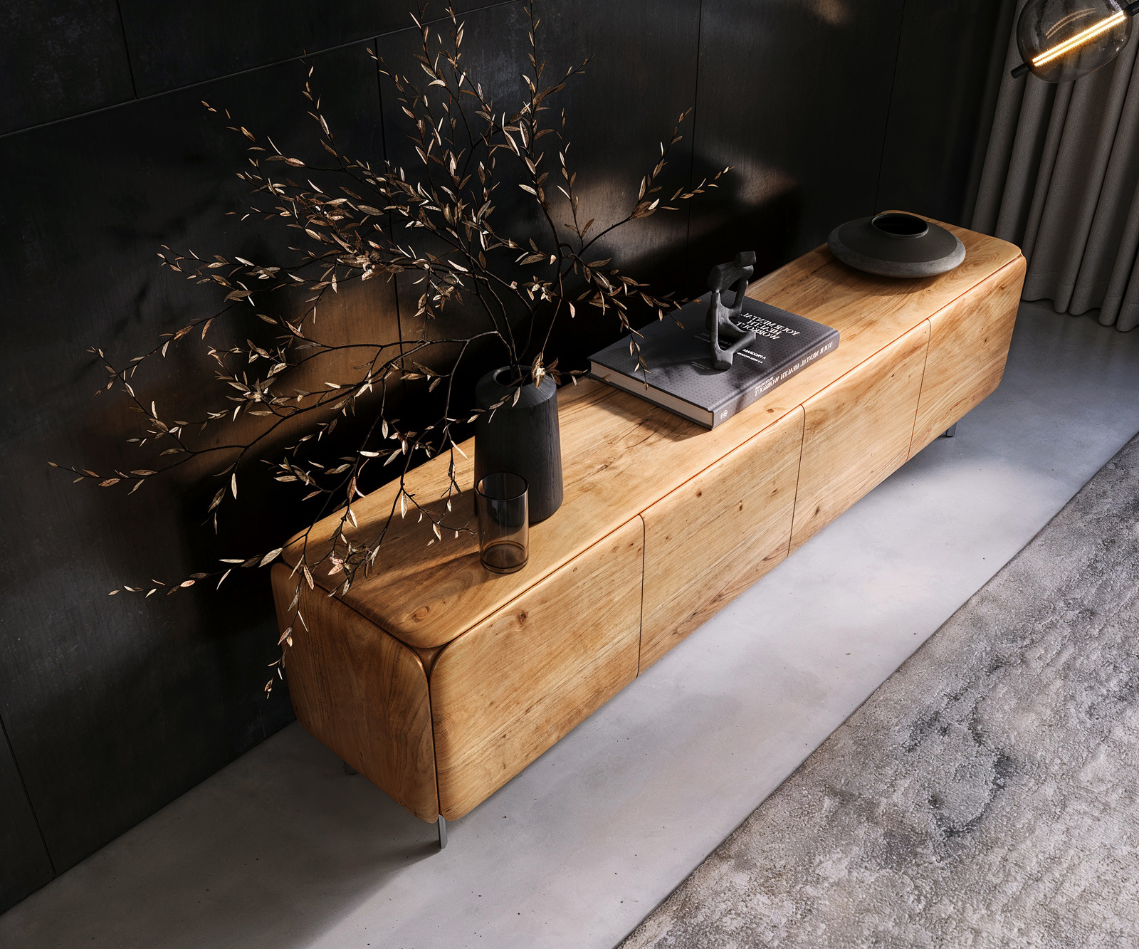 TV szekrény Shavani 200 cm akác természetes 4 ajtós ovális rozsdamentes acél láb - Image 4