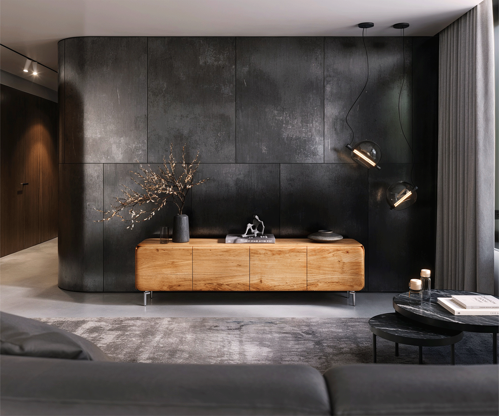 TV szekrény Shavani 200 cm akác természetes 4 ajtós ovális rozsdamentes acél láb - Image 5