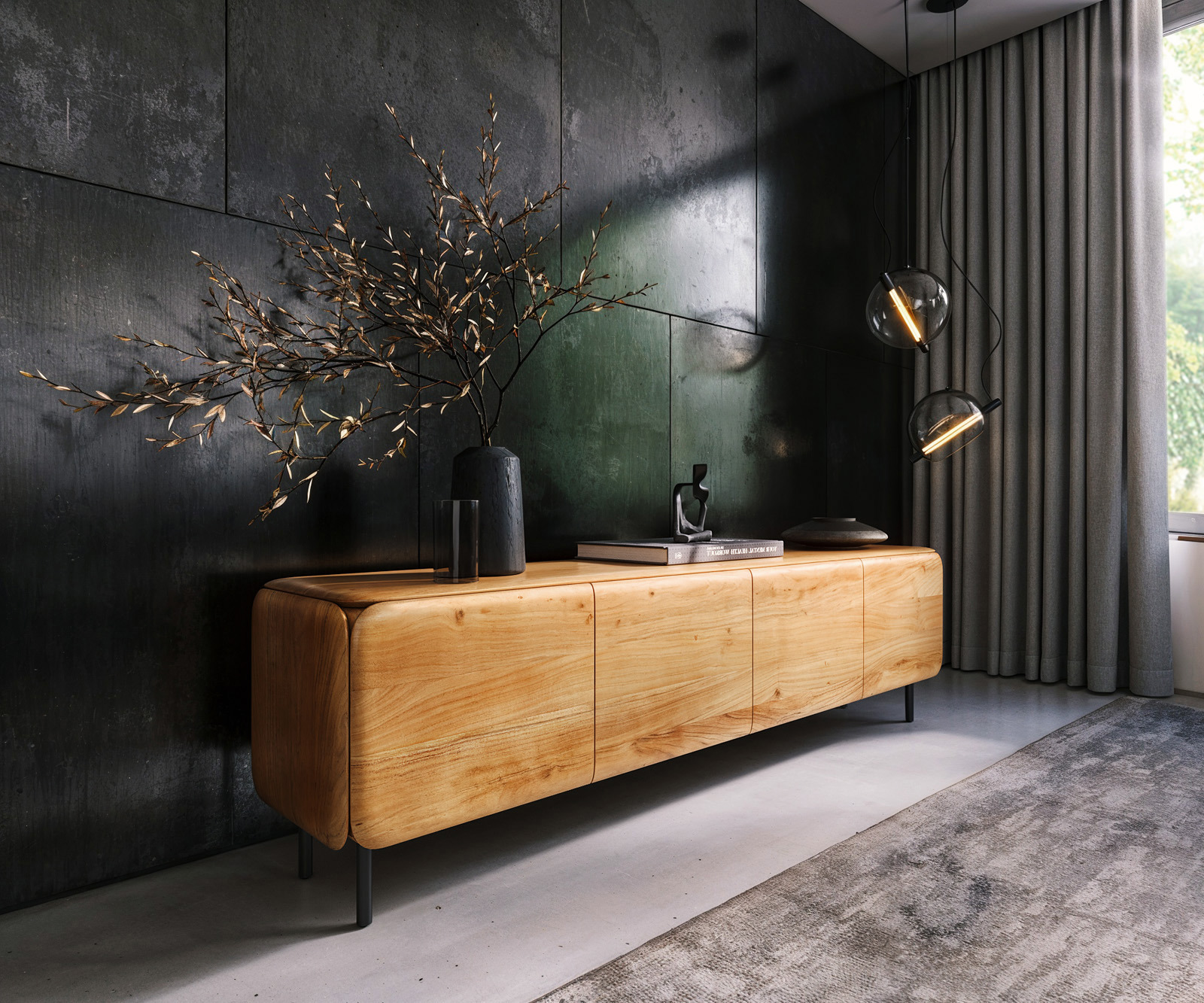 TV szekrény Shavani 200 cm akác természetes 4 ajtós kerek fém láb fekete