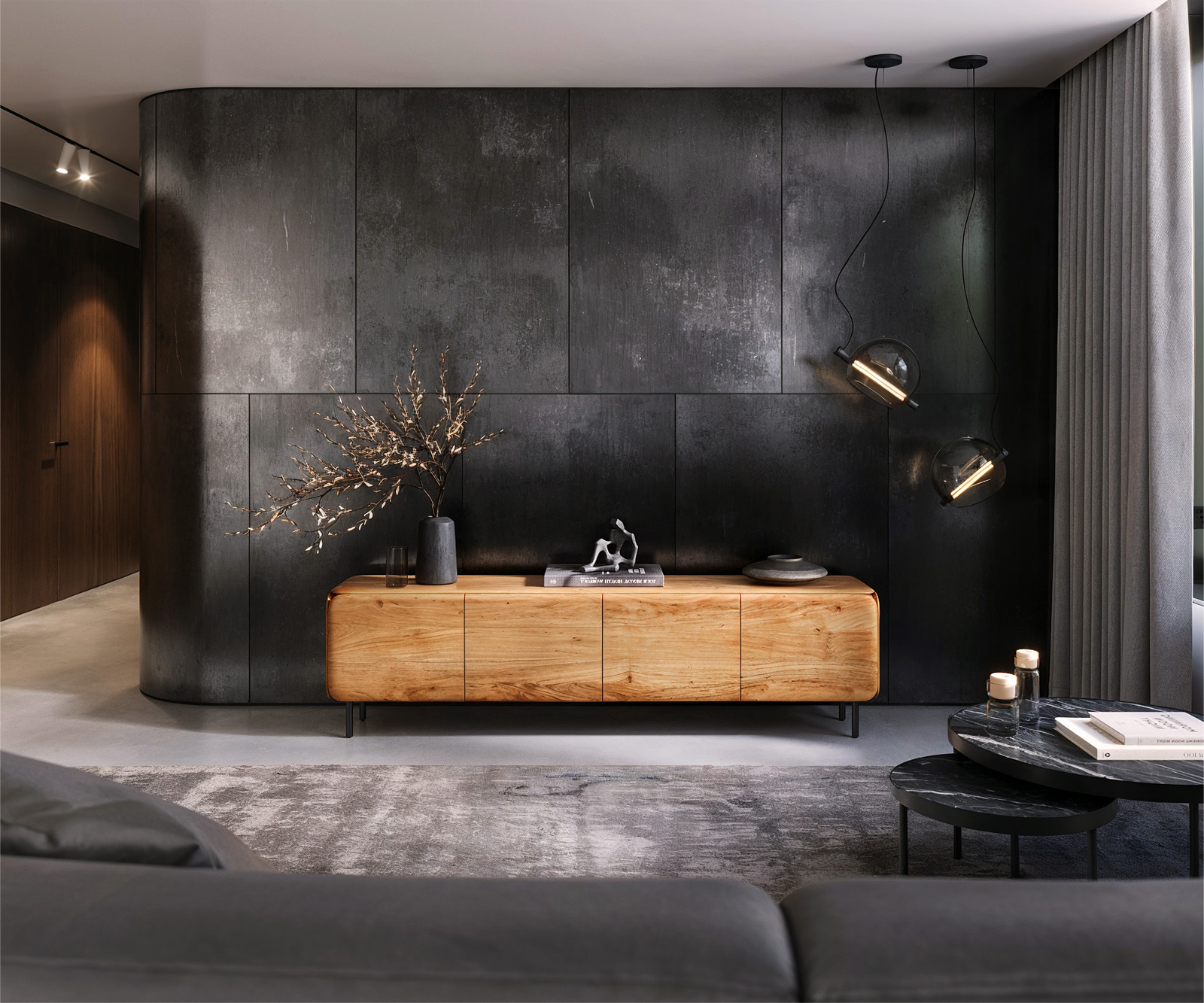 TV szekrény Shavani 200 cm akác természetes 4 ajtós kerek fém láb fekete - Image 2