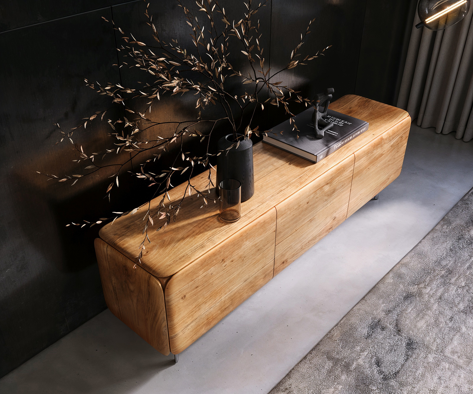 TV szekrény Shavani 175 cm akác természetes 2 ajtós 2 fiókos ovális rozsdamentes acél láb - Image 4