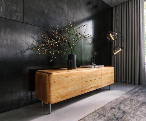 TV szekrény Shavani 175 cm akác természetes 2 ajtós 2 fiókos kerek láb rozsdamentes acél ezüst