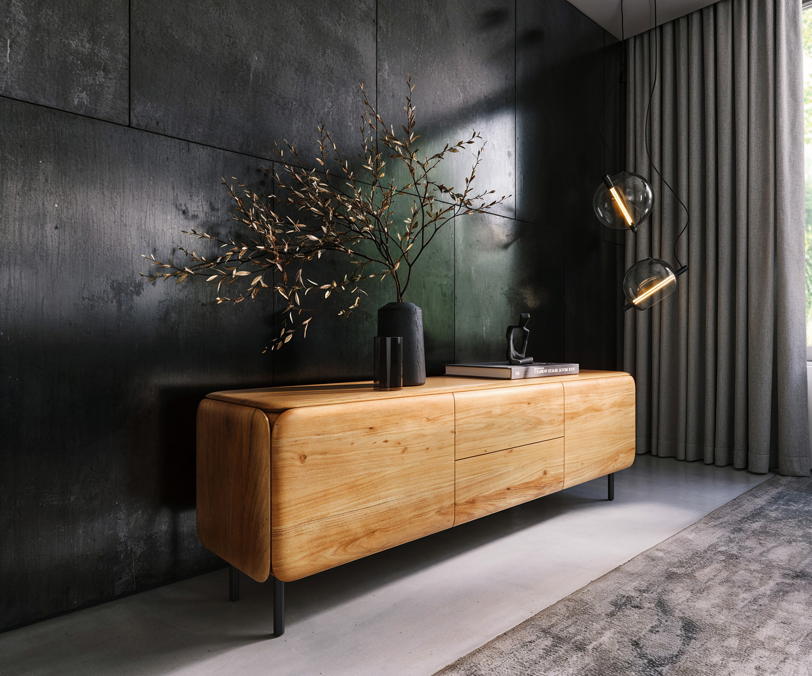 TV szekrény Shavani 175 cm akác természetes 2 ajtós 2 fiókos kerek fém láb fekete