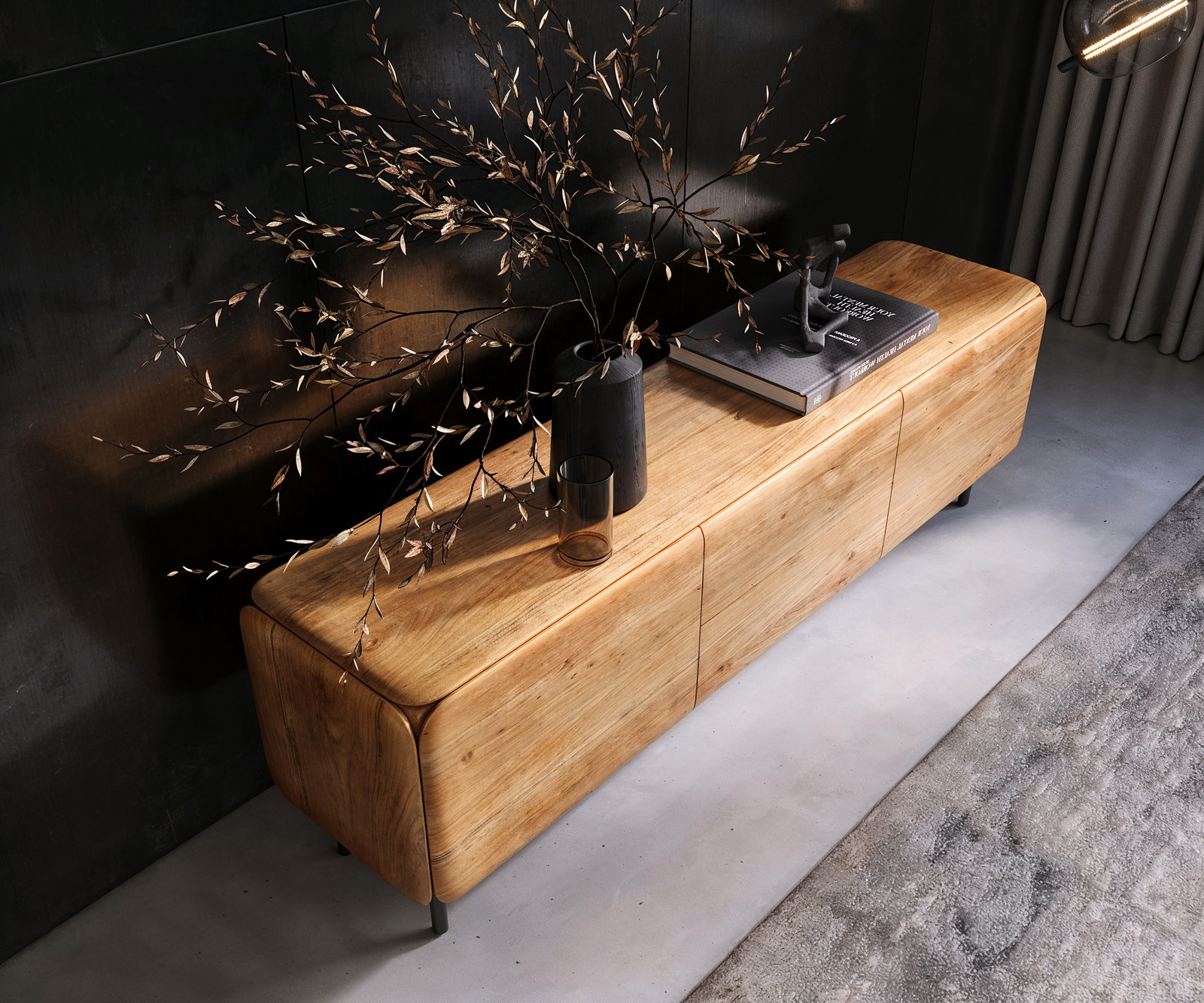 TV szekrény Shavani 175 cm akác természetes 2 ajtós 2 fiókos kerek fém láb fekete - Image 4