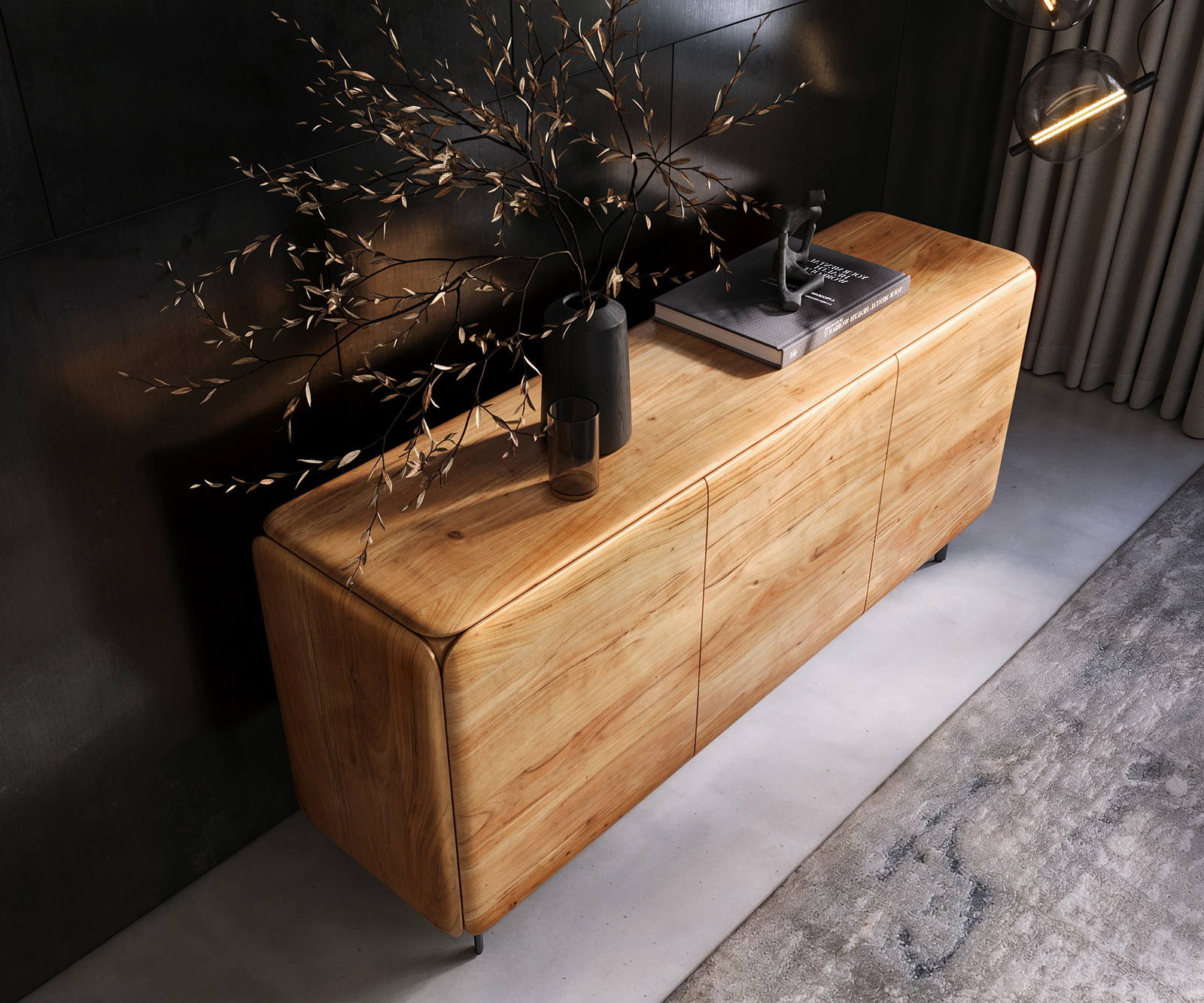 Komód Shavani 175 cm akác természetes 2 ajtós 3 fiókos ovális fém láb fekete - Image 4