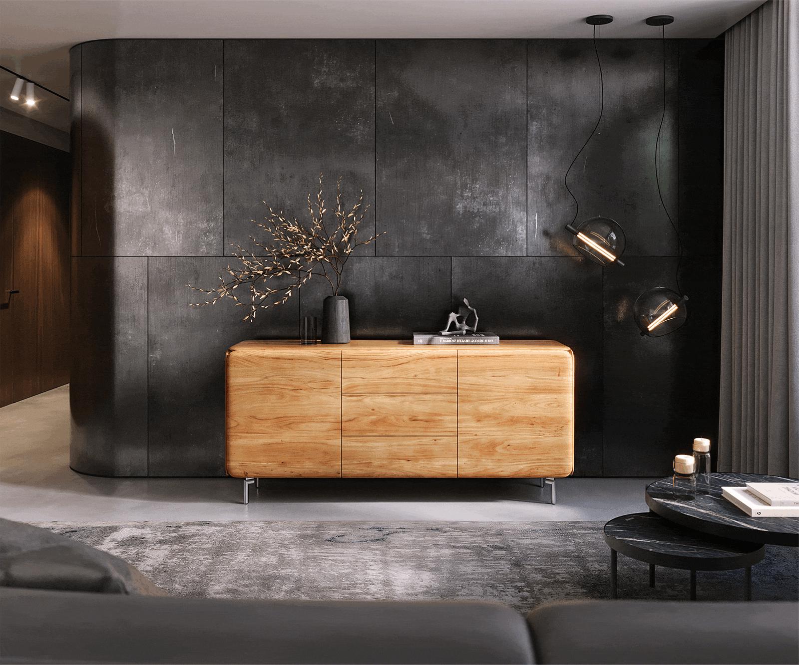 Komód Shavani 175 cm akác természetes 2 ajtós 3 fiókos ovális rozsdamentes acél lábbal - Image 2