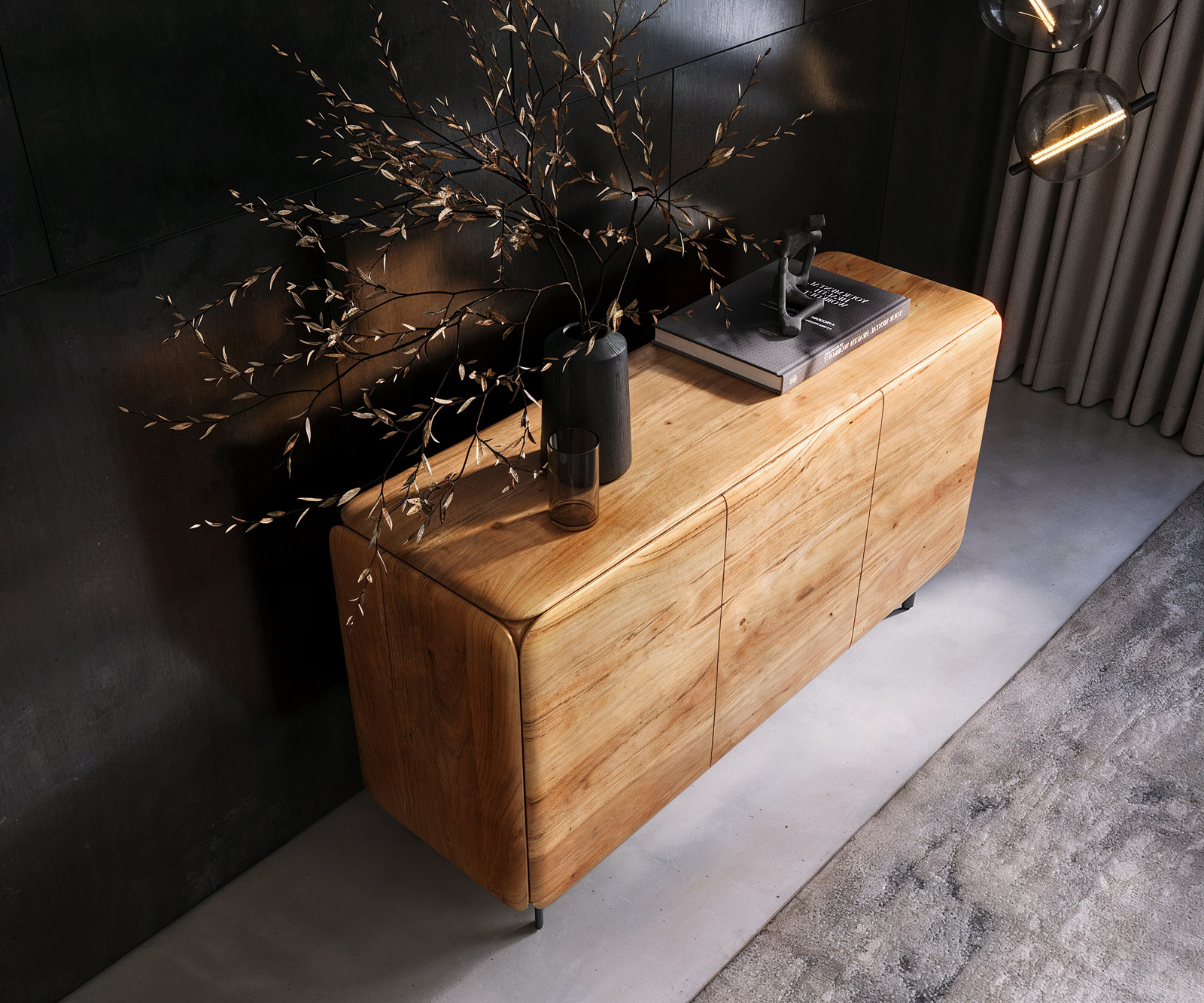 Komód Shavani 145 cm akác természetes 2 ajtós 3 fiókos ovális fém láb fekete - Image 4