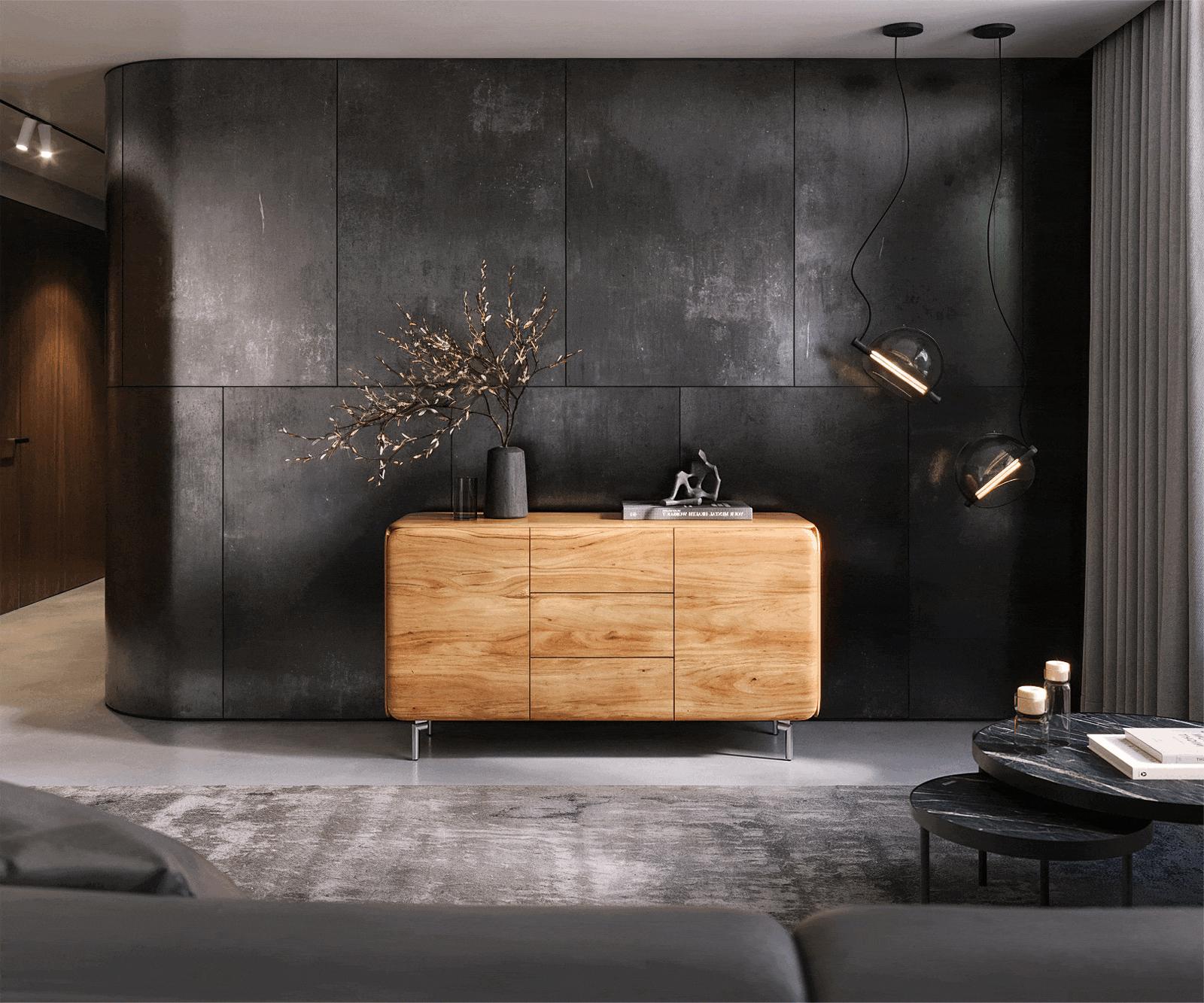 Komód Shavani 145 cm akác természetes 2 ajtós 3 fiókos ovális rozsdamentes acél lábbal - Image 2