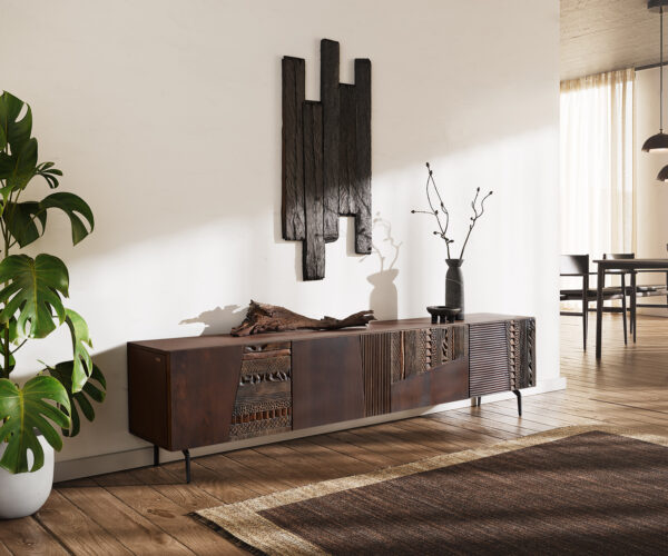 TV szekrény Imara 200 cm mango barna 4 ajtós "L" alakú fém láb fekete