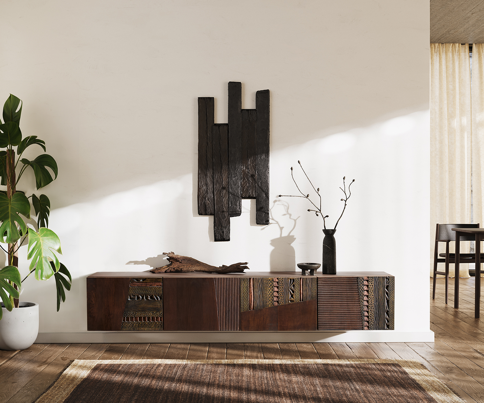 TV szekrény Imara 200 cm mango barna 4 ajtós lebegő - Image 2