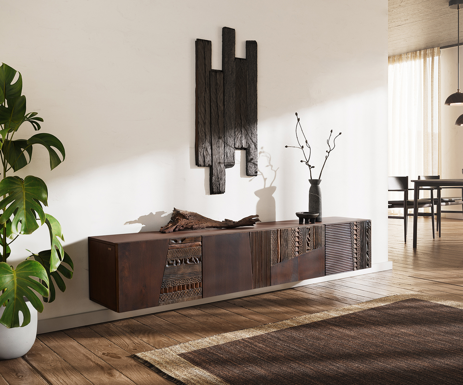 TV szekrény Imara 200 cm mango barna 4 ajtós lebegő