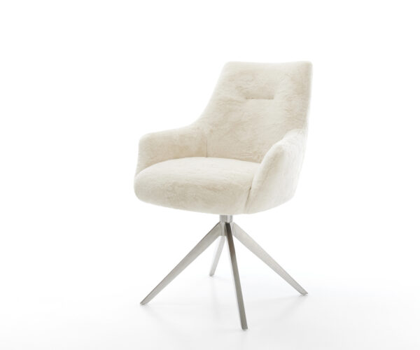 Étkezőszék Alja-Flex karfás plüss krémfehér kereszt láb széles rozsdamentes acél 360° forgatható billenő funkció zsákrugós