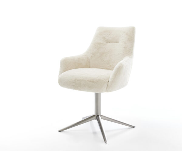 Étkezőszék Alja-Flex karfás plüss krémfehér kereszt láb rozsdamentes acél 360° forgatható billenő zsákrugó