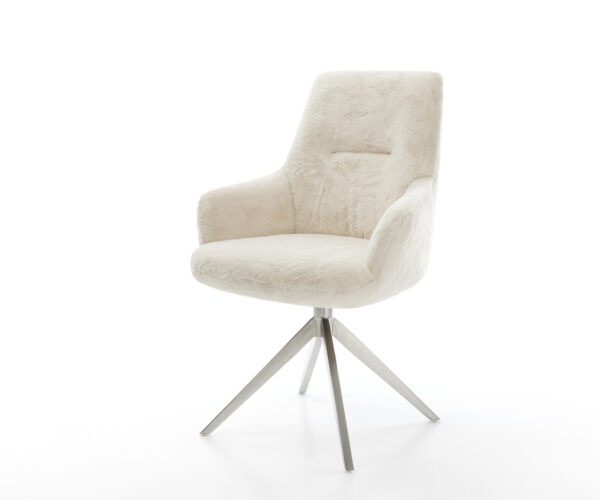 Étkezőszék Zelia-Flex karfás plüss krémfehér kereszt láb széles rozsdamentes acél 360° forgatható billenő zsákrugós