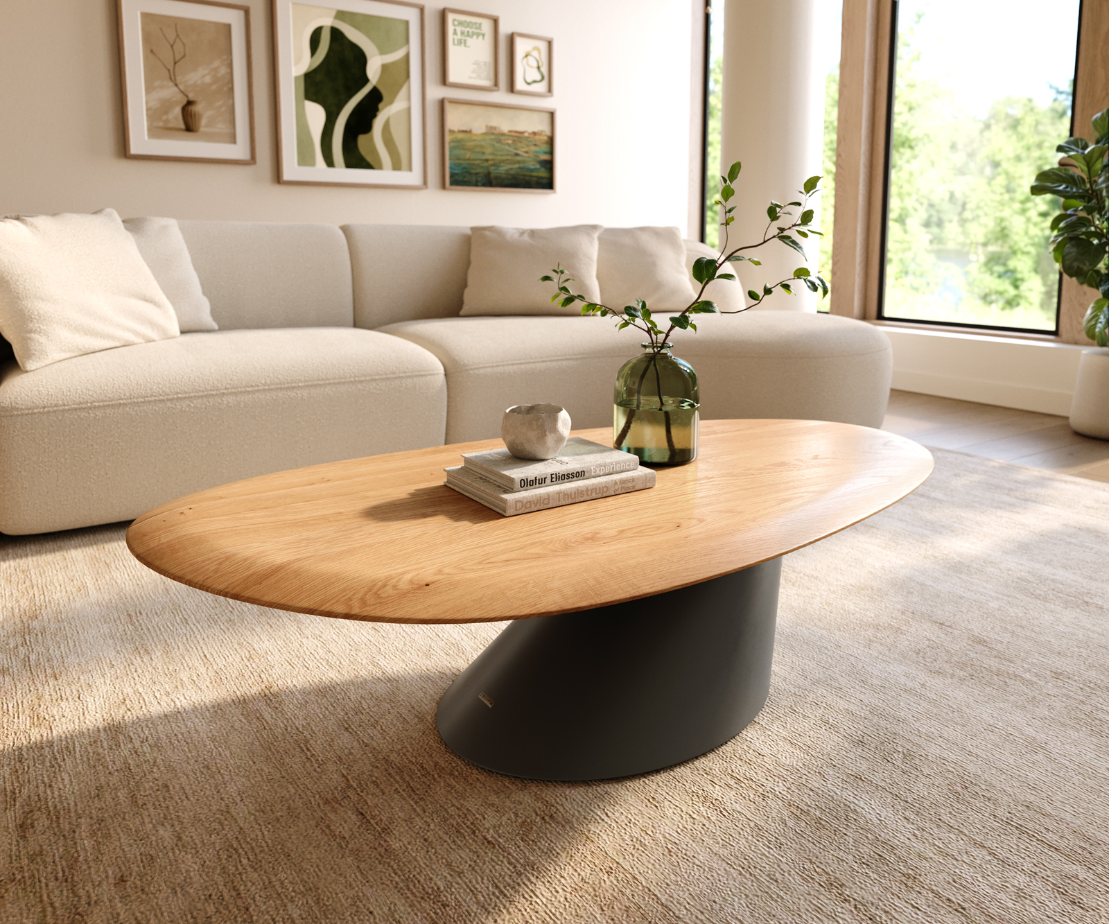 Dohányzóasztal Edge ovális 140x75 cm tölgy természetes kerek él kúpos fém fekete